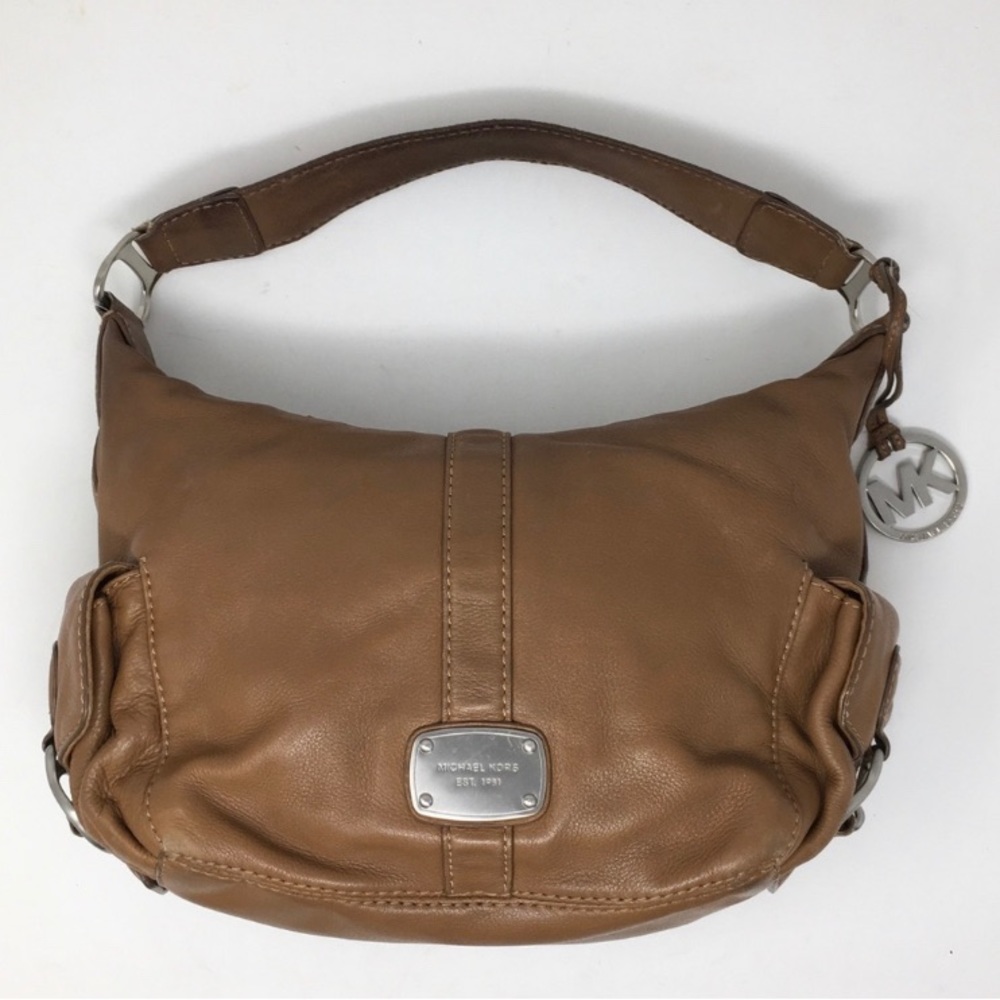 Michael Kors Purse Hobo Shoulder Bag Tan Brown Silver